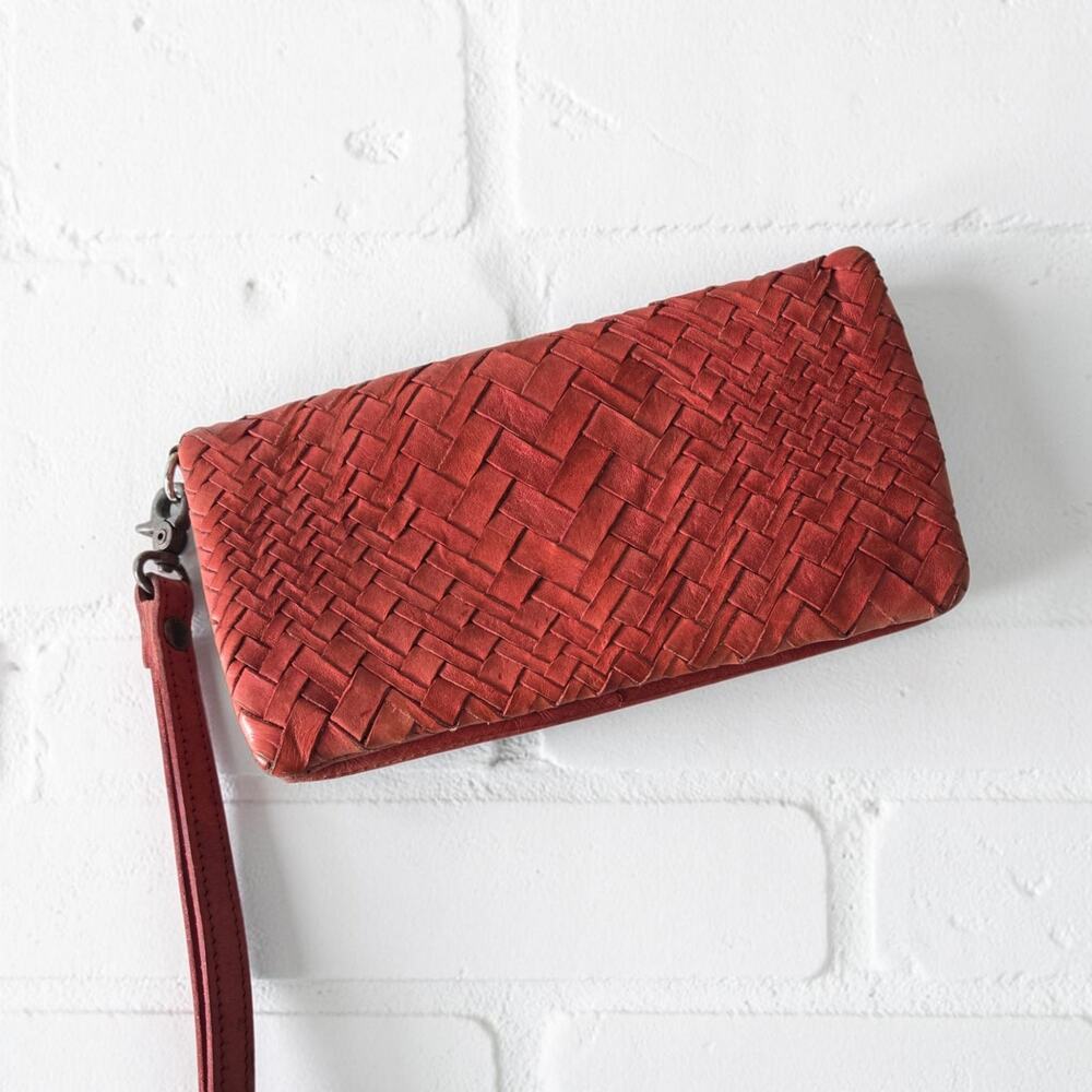 Vilenca Holland Leather Wallet Red Woven Soft Pocket Slots Basketweave Organizer